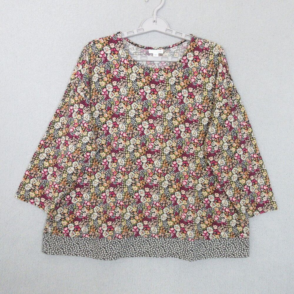 J.Jill  Tunic Top Womens XL Floral Knit Long‎ Sleeve Pullover Border Hem